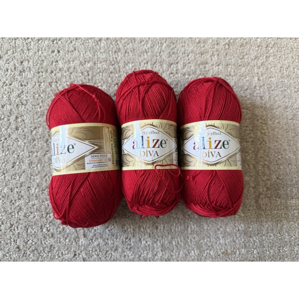 Alize Diva Silky Effect Yarn Red #106 100 %  Acrylic 100gr ea Lot Of 3